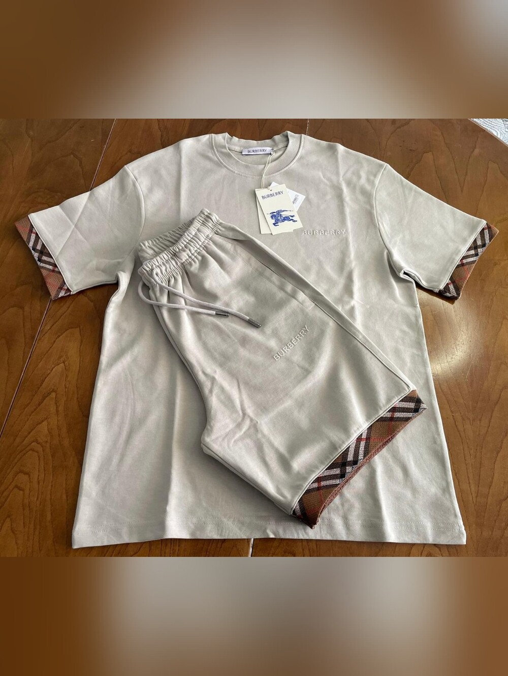 Burberry Men's Grey Designer Shirt & Shorts Set Size- XL